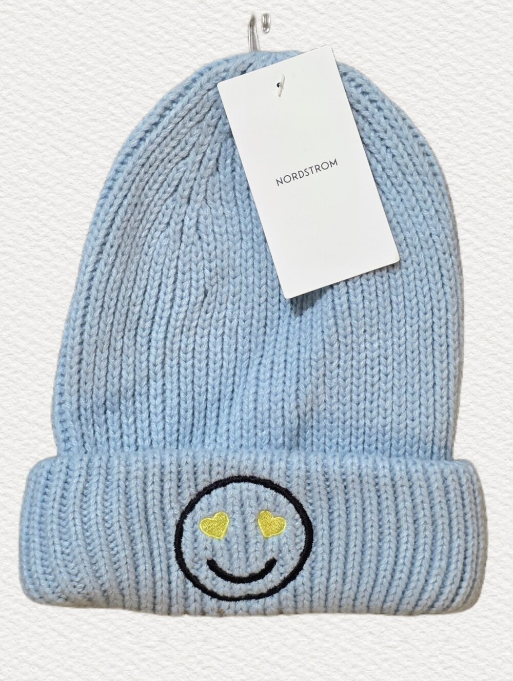 Nordstrom - Pale Blue Beanie with Yellow Heart Eyes Smiley